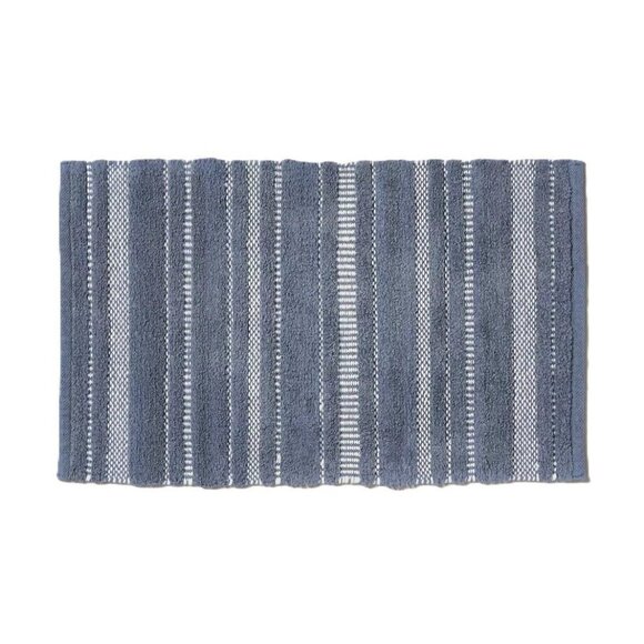 Hearth & Hand Blue & Cream Chunky Stripe 100% Cotton Bath Rug Mat 20" x 32" - Picture 1 of 7